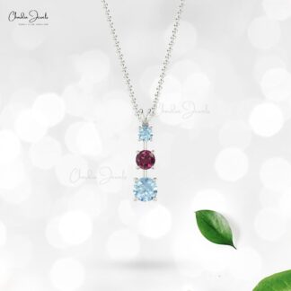 Three Stone Wedding Pendant In 14k Pure Gold Rhodolite Garnet Aquamarine Unique Jewelry