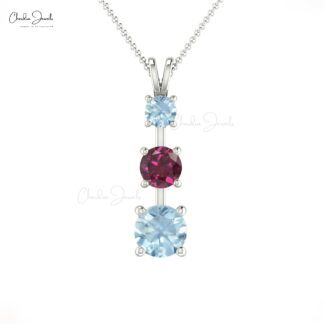 Three Stone Wedding Pendant In 14k Pure Gold Rhodolite Garnet Aquamarine Unique Jewelry
