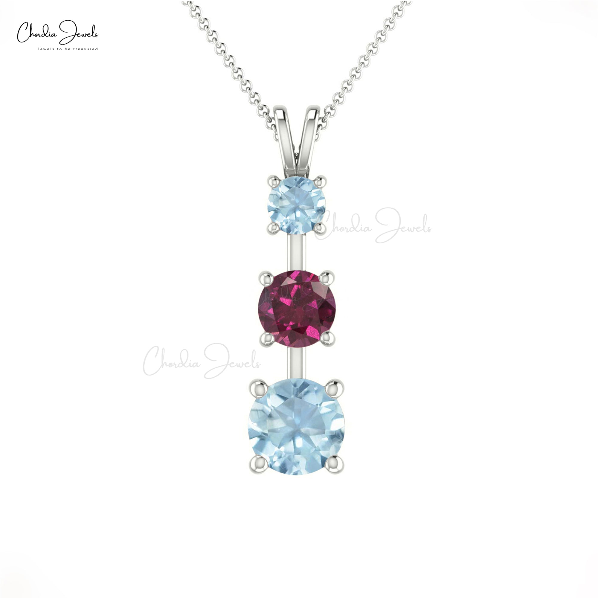 Three Stone Wedding Pendant In 14k Pure Gold Rhodolite Garnet Aquamarine Unique Jewelry