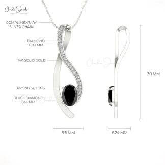 Oval Black Diamond Curved Pendant with 14k Solid Gold Pave Diamond Fine Jewelry