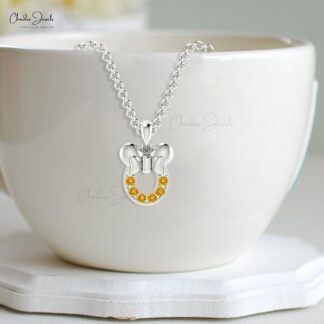 Natural Citrine 0.32Ct Round Cut Mickey Mouse Pendant 14k Solid Gold Gemstone Jewelry Gift