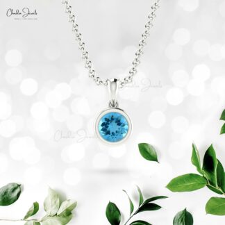 Real 14k Gold Dangle Pendant With 0.6 Ct Swiss Blue Topaz Bezel Set Solitaire Necklace