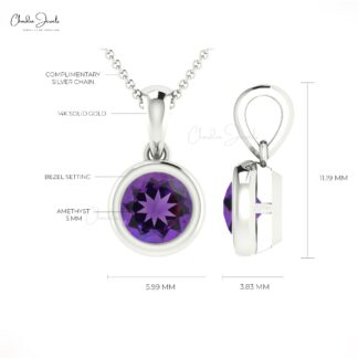 Purple Amethyst 5mm Round Cut Solitaire Pendant 14k Solid Gold Charm Jewelry Gift