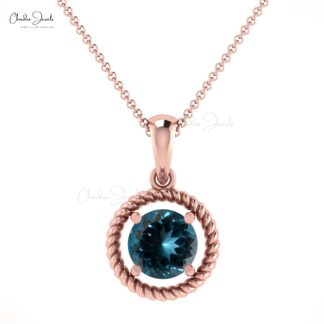 Real 14k Gold Solitaire Charm With 5mm London Blue Topaz Spiral Pendant For Her