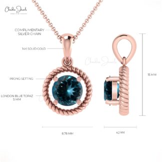 Real 14k Gold Solitaire Charm With 5mm London Blue Topaz Spiral Pendant For Her