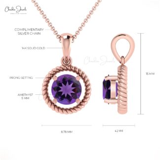 Brilliant 5mm Amethyst Gemstone Twisted Pendant 14k Real Gold Handmade Spiral Pendant