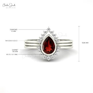 Natural Red Garnet Three Band Ring In 14k Solid Gold Diamond Halo Wedding Rings