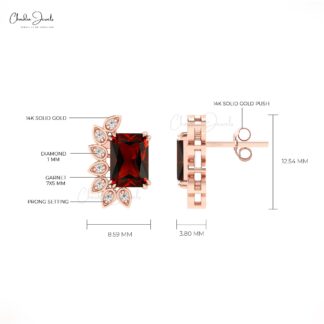 Natural Garnet 7x5mm Emerald Cut Earrings 14k Real Gold Diamond Statement Studs