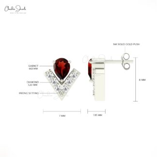 Authentic Garnet & Diamond Accented Earrings 4x3mm Pear Cut 14k Real Gold Studs