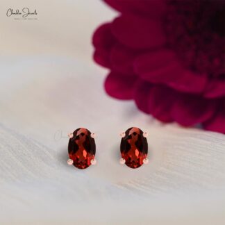 Delicate Garnet Solitaire Earrings 14k Gold 1.16Ct Oval Gemstone Hallmark Jewelry
