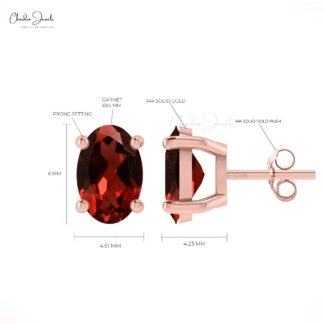 Delicate Garnet Solitaire Earrings 14k Gold 1.16Ct Oval Gemstone Hallmark Jewelry