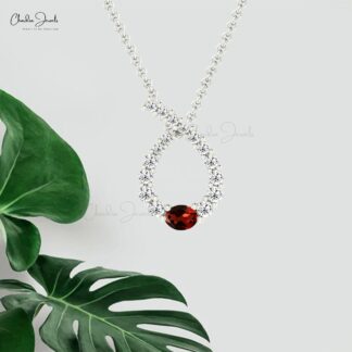 Gemstone Curved Pendant In 14k Real Gold Red Garnet 0.19 Ct Oval Cut And Diamond Jewelry