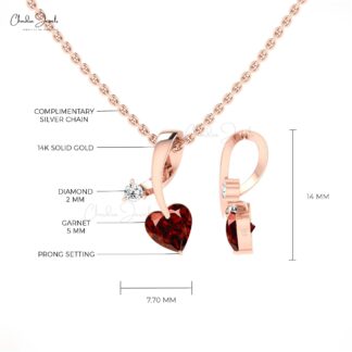 Dual Birthstone Pendant In Real 14k Gold Red Garnet 5mm Heart Cut & G-H Diamond Pendants