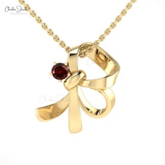Curved Knot Gemstone Pendant With 0.10 Ct Red Garnet Prong Set In 14k Pure Gold Necklace
