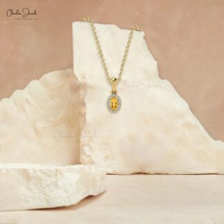AAA Citrine 5x3mm Gemstone And Diamond Halo Pendant In 14k Solid Gold Fine Jewelry