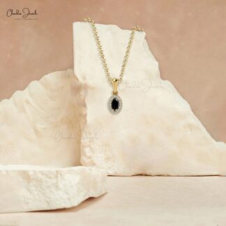Dangle Wedding Pendant In 14k Real Gold Oval Black Diamond & Halo G-H Diamond Necklace