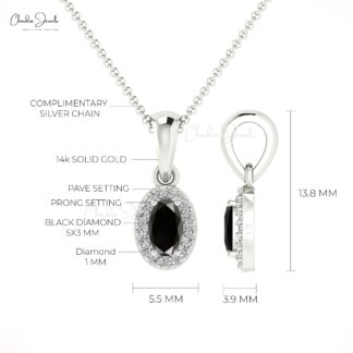 Dangle Wedding Pendant In 14k Real Gold Oval Black Diamond & Halo G-H Diamond Necklace