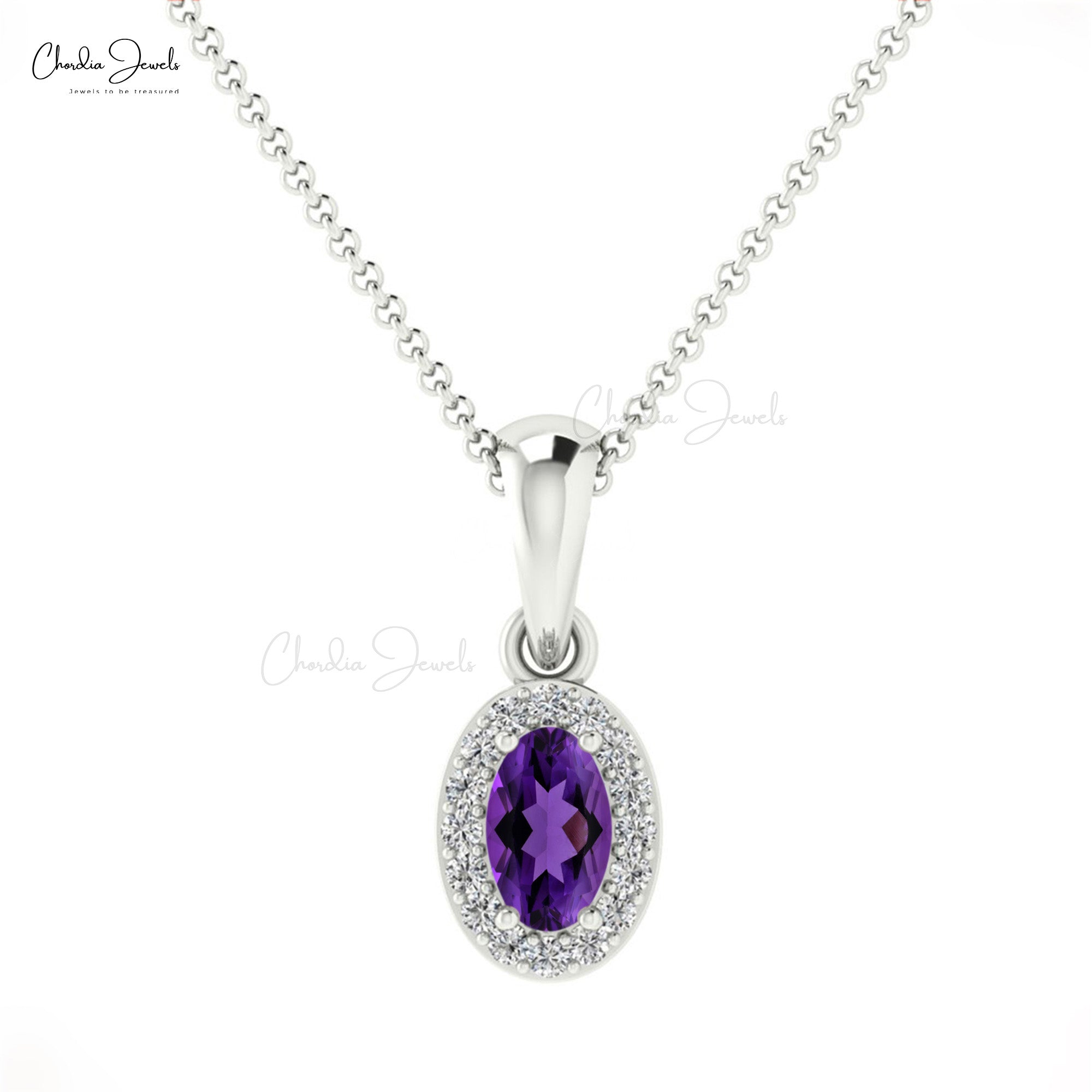 Natural Amethyst Halo Charm With 5x3mm Oval Gemstone And Diamond 14k Gold Pendant