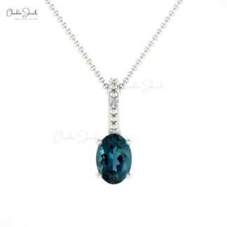 Solid 14k Gold Dual Stone Charm With 6x4mm London Blue Topaz Diamond Women Pendant
