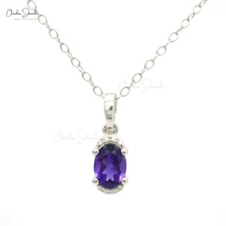 Dangle Diamond Pendant With 7x5mm Natural Amethyst 14k White Gold Half Halo Pendant
