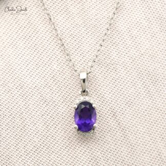 Dangle Diamond Pendant With 7x5mm Natural Amethyst 14k White Gold Half Halo Pendant