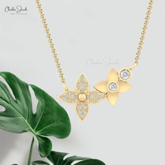 Two Star Shape Chain Necklace In Real 14k Gold White Daimond Clusrer Necklace For Her