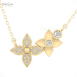 Two Star Shape Chain Necklace In Real 14k Gold White Daimond Clusrer Necklace For Her