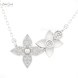 Two Star Shape Chain Necklace In Real 14k Gold White Daimond Clusrer Necklace For Her