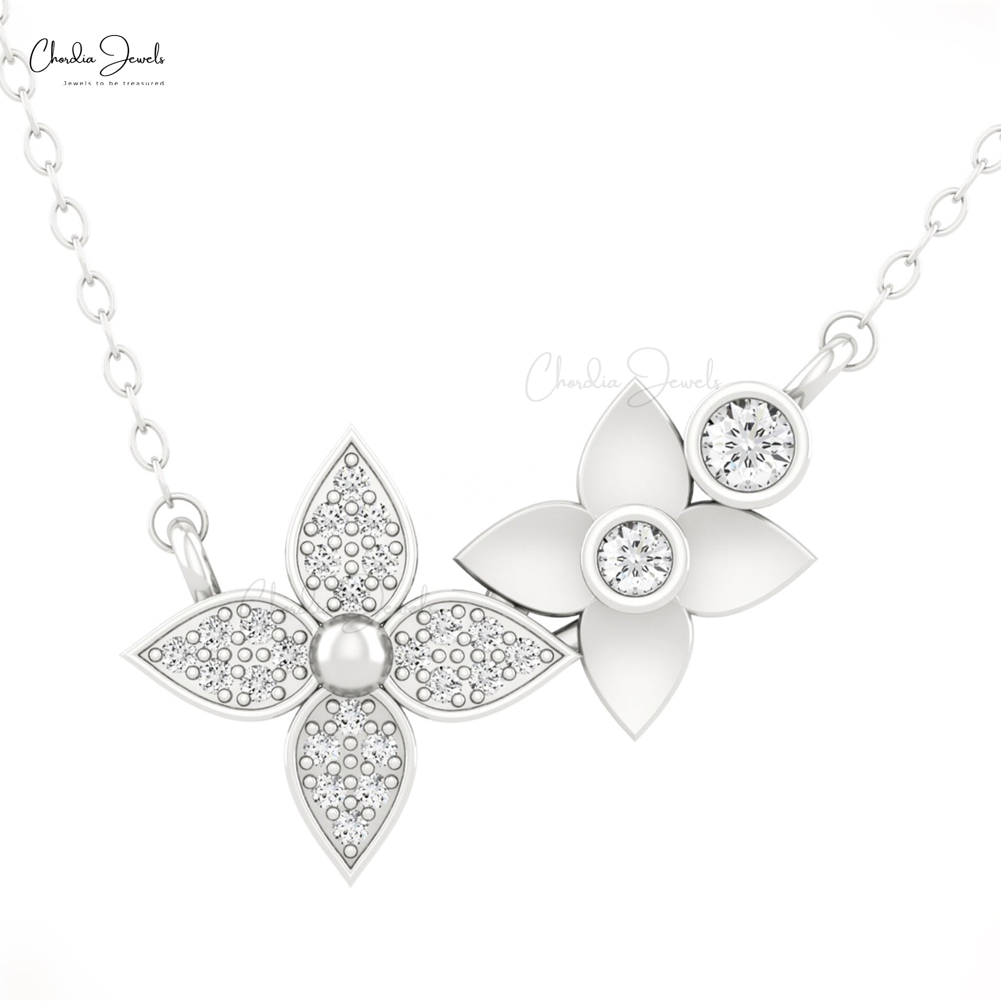 Two Star Shape Chain Necklace In Real 14k Gold White Daimond Clusrer Necklace For Her