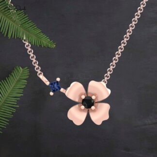 Daisy Floral Diamond Necklace In 14k Real Gold Blue Sapphire September Birthstone Jewelry