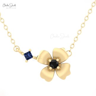 Daisy Floral Diamond Necklace In 14k Real Gold Blue Sapphire September Birthstone Jewelry