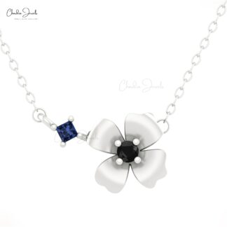 Daisy Floral Diamond Necklace In 14k Real Gold Blue Sapphire September Birthstone Jewelry