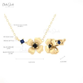 Daisy Floral Diamond Necklace In 14k Real Gold Blue Sapphire September Birthstone Jewelry