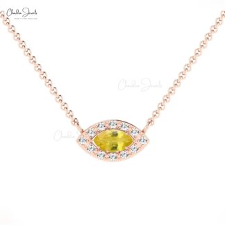Diamond Halo Necklace With 0.20 Ct Yellow Sapphire Prong Set In 14k Solid Gold Necklace