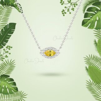Diamond Halo Necklace With 0.20 Ct Yellow Sapphire Prong Set In 14k Solid Gold Necklace