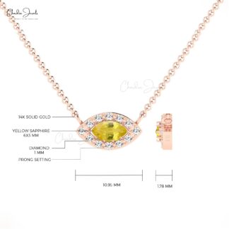 Diamond Halo Necklace With 0.20 Ct Yellow Sapphire Prong Set In 14k Solid Gold Necklace