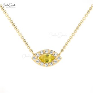 Diamond Halo Necklace With 0.20 Ct Yellow Sapphire Prong Set In 14k Solid Gold Necklace