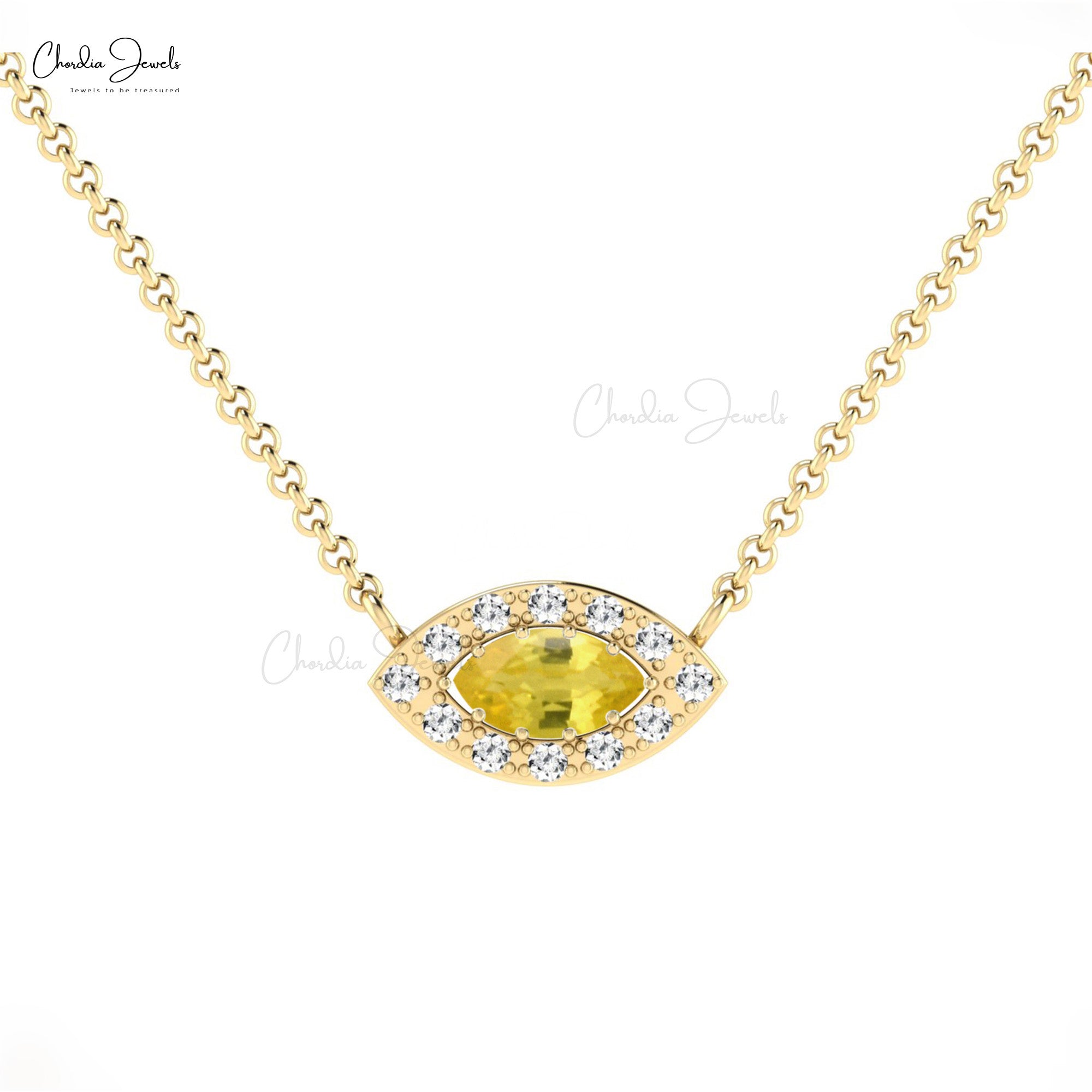Diamond Halo Necklace With 0.20 Ct Yellow Sapphire Prong Set In 14k Solid Gold Necklace