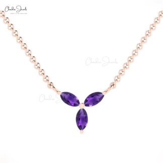 Dainty Marquise Cut Necklace With 4x2mm Amethyst Prong Set In 14k Pure Gold Fine Necklaces