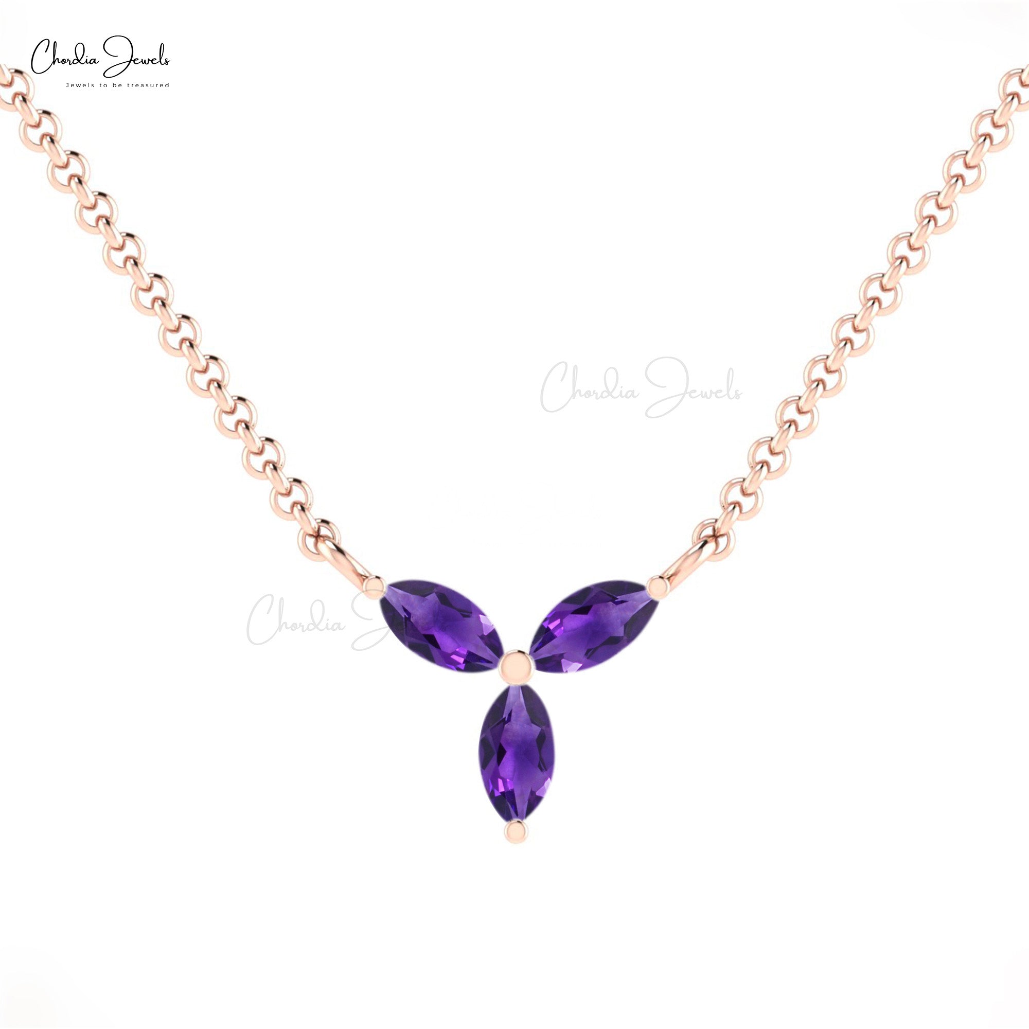 Dainty Marquise Cut Necklace With 4x2mm Amethyst Prong Set In 14k Pure Gold Fine Necklaces