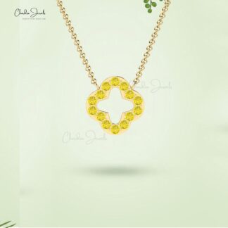 Round Cut Open Clover Necklace In 14k Real Gold Yellow Sapphire Handmade Chain Necklace