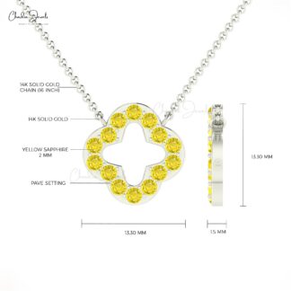 Round Cut Open Clover Necklace In 14k Real Gold Yellow Sapphire Handmade Chain Necklace