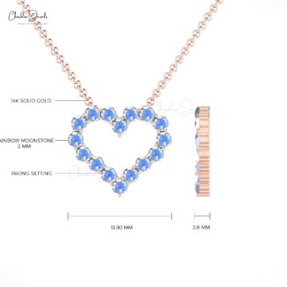 Pure 14k Gold Open Heart Chain Necklace With 2mm Rainbow Moonstone Promise Necklaces