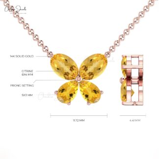 Pure 14k Gold 4 Stone Charm In 6x4mm Oval Citrine Minimalist Butterfly Necklace