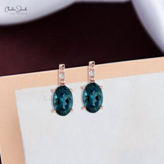 Premium Quality 14k Real Gold Earring Oval Shape Natural London Blue Topaz and White Diamond Accented Earrings Anniversary Gift For Women