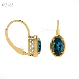 Elegant Beautiful Stylish Gemstone Earrings December Birthstone Natural London Blue Topaz Earrings With Lever Back Closure 14k Real Gold Fine Jewelry For Gift