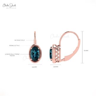 Elegant Beautiful Stylish Gemstone Earrings December Birthstone Natural London Blue Topaz Earrings With Lever Back Closure 14k Real Gold Fine Jewelry For Gift