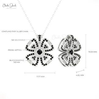 Round Cut Flower Daisy Pendant With 0.34 Ct Black Diamond 14k Solid Gold Handmade Pendants