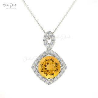 Genuine Citrine Halo Pendant In 14k Solid Gold Diamond Hallmarked Fine Jewelry For Mom