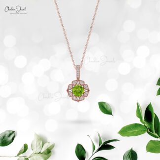 Art Deco Unique Pendant In 14k Real Gold Peridot 6mm Gemstone And Diamond Halo Pendant